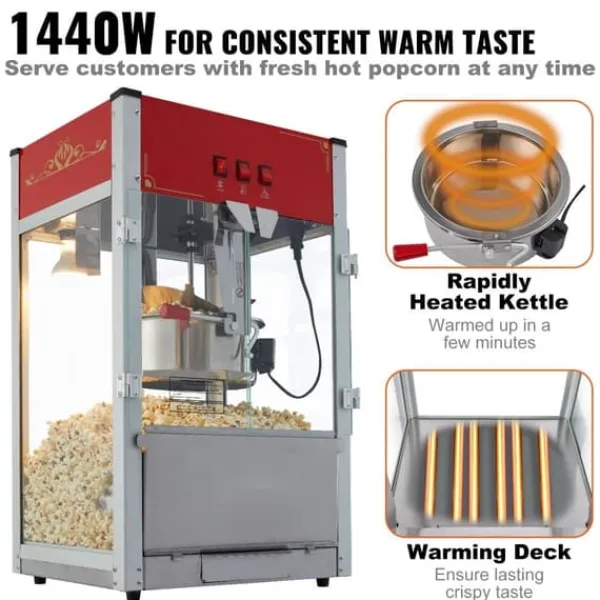 Popcornmaskiner>Popcorn Popper Maskine, 1440W Bordplade Popcorn Maker, 12 oz, 80 kopper, Rød, hurtig opvarmning, perfekt til fester.