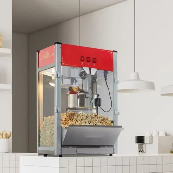 Popcornmaskiner>Popcorn Popper Maskine, 1440W Bordplade Popcorn Maker, 12 oz, 80 kopper, Rød, hurtig opvarmning, perfekt til fester.