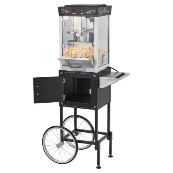 Popcornmaskiner>Popcornmaskine med vogn, 0,2 kg rustfrit stålkedel, sort, kommerciel