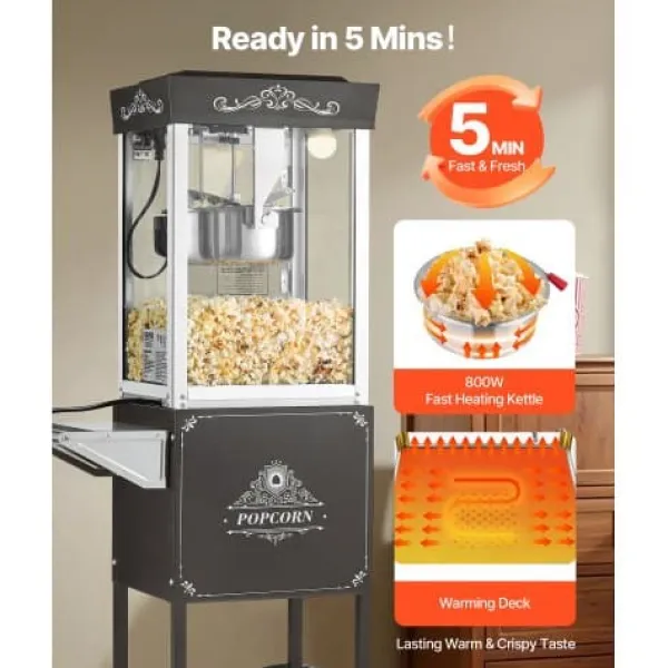 Popcornmaskiner>Popcornmaskine med vogn, 0,2 kg rustfrit stålkedel, sort, kommerciel