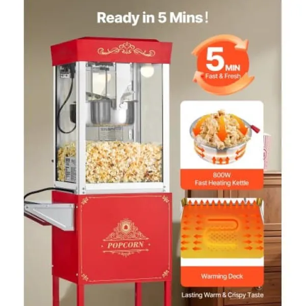 Popcornmaskine med vogn, 0,2 kg rustfri stålkedel, rød, kommerciel Sale