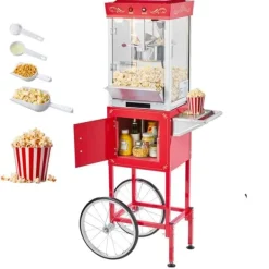 Popcornmaskiner>Popcornmaskine med vogn, 0,2 kg, Rustfrit Stål, 800W, 48 kopper, Biografstil, 2-knaps, Glasvæg, Rød
