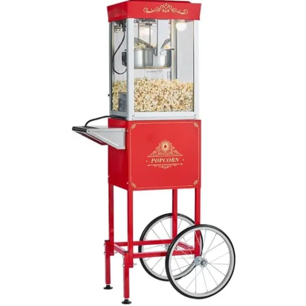 Popcornmaskiner>Popcornmaskine med vogn, 0,2 kg, Rustfrit Stål, 800W, 48 kopper, Biografstil, 2-knaps, Glasvæg, Rød