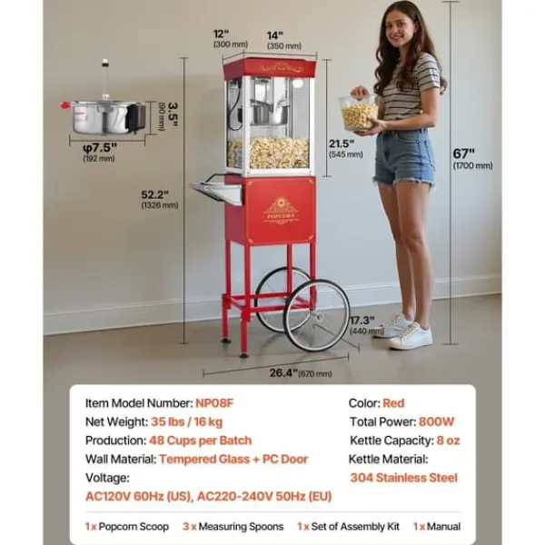 Popcornmaskiner>Popcornmaskine med vogn, 0,2 kg, Rustfrit Stål, 800W, 48 kopper, Biografstil, 2-knaps, Glasvæg, Rød
