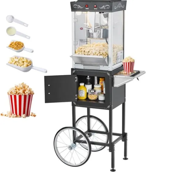 Popcornmaskine med Vogn, Rustfrit Stål Elkedel, 800W, 48 Kopper/Portion, 2-Knaps, Glasvæg, Pc-Dør, Sort Outlet