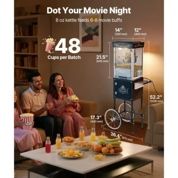 Popcornmaskine med Vogn, Rustfrit Stål Elkedel, 800W, 48 Kopper/Portion, 2-Knaps, Glasvæg, Pc-Dør, Sort Outlet