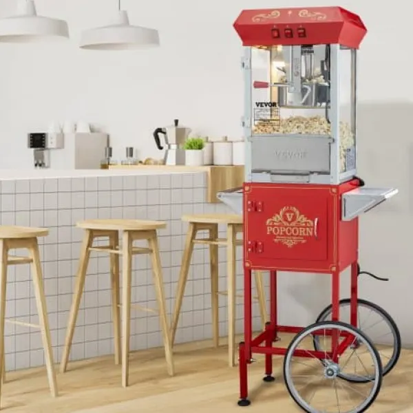 Popcornmaskiner>Popcornmaskine med vogn, 61x41x139,5 cm, rød, hærdet glas