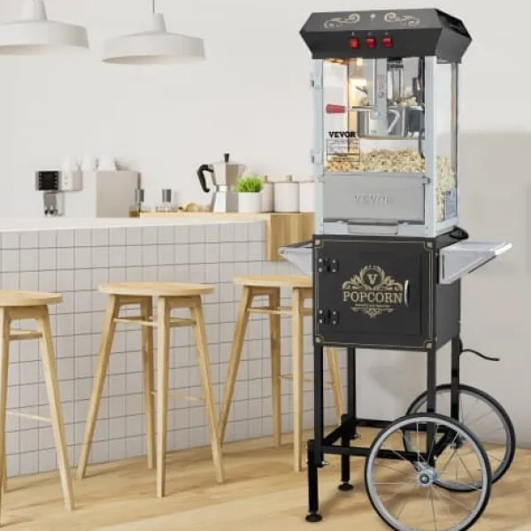Popcornmaskine med vogn, 61x41x139,5 cm, sort, hærdet glas Outlet