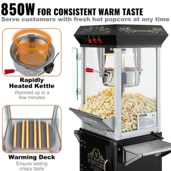 Popcornmaskine med vogn, 61x41x139,5 cm, sort, hærdet glas Outlet