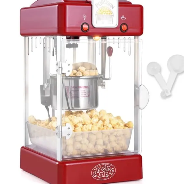 Popcornmaskiner>Popcorn-maskine 300W, 2,5 oz bordmodel, hurtig opvarmning, rød popcornpopper til hjemmebiograf.