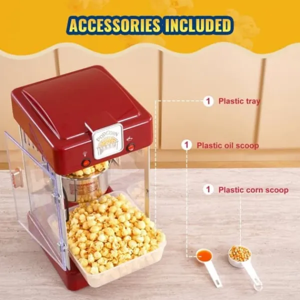 Popcornmaskiner>Popcorn-maskine 300W, 2,5 oz bordmodel, hurtig opvarmning, rød popcornpopper til hjemmebiograf.