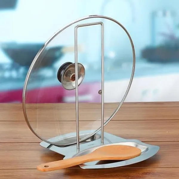 Skeholder>Praktisk skeholder og grydelågsholder Redskabsholder Rustfrit stål Grydedæksel Låghylde Stativ Skeholder