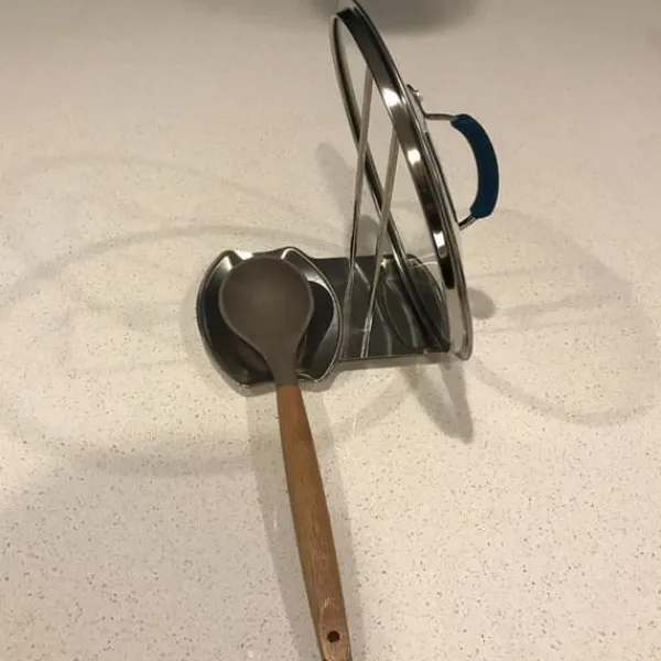 Skeholder>Praktisk skeholder og grydelågsholder Redskabsholder Rustfrit stål Grydedæksel Låghylde Stativ Skeholder
