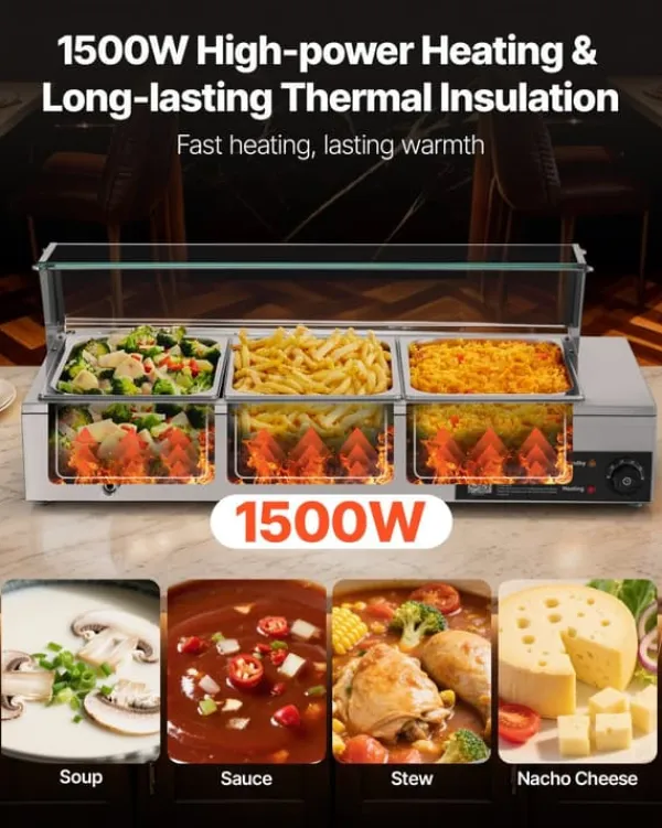 Professionel buffetvarmer - Elektrisk bain-marie - Bordmodel - 1500 W - 3 x GN 1/2 bakker - Glaslåg - Rustfrit stål