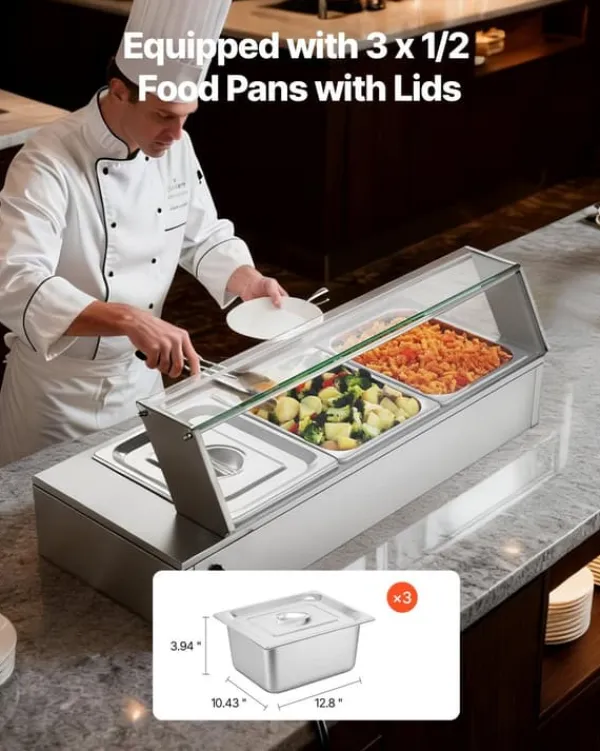 Professionel buffetvarmer - Elektrisk bain-marie - Bordmodel - 1500 W - 3 x GN 1/2 bakker - Glaslåg - Rustfrit stål