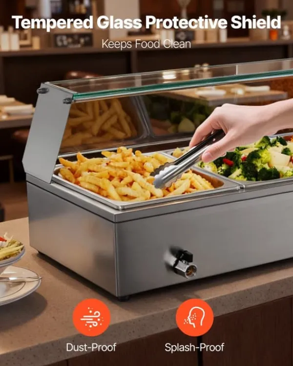 Professionel buffetvarmer - Elektrisk bain-marie - Bordmodel - 1500 W - 3 x GN 1/2 bakker - Glaslåg - Rustfrit stål
