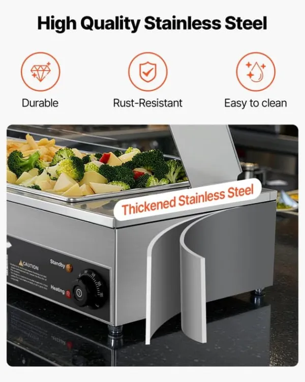 Professionel buffetvarmer - Elektrisk bain-marie - Bordmodel - 1500 W - 3 x GN 1/2 bakker - Glaslåg - Rustfrit stål