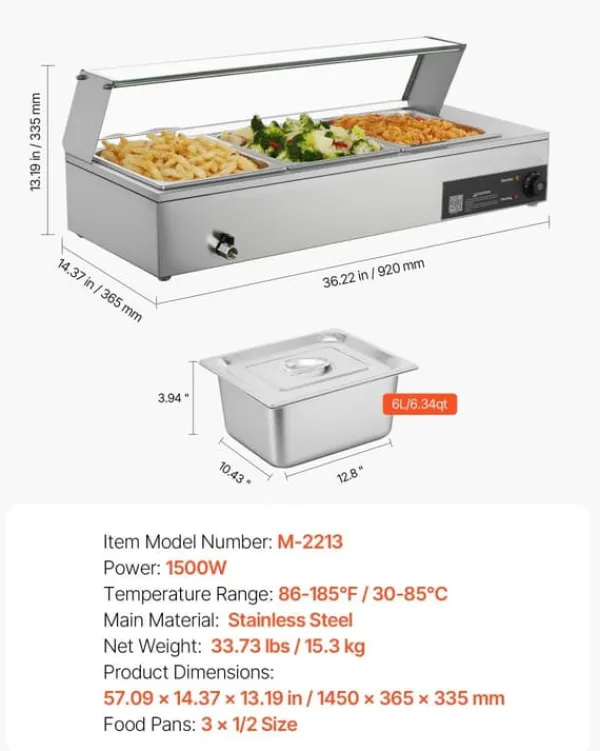 Professionel buffetvarmer - Elektrisk bain-marie - Bordmodel - 1500 W - 3 x GN 1/2 bakker - Glaslåg - Rustfrit stål