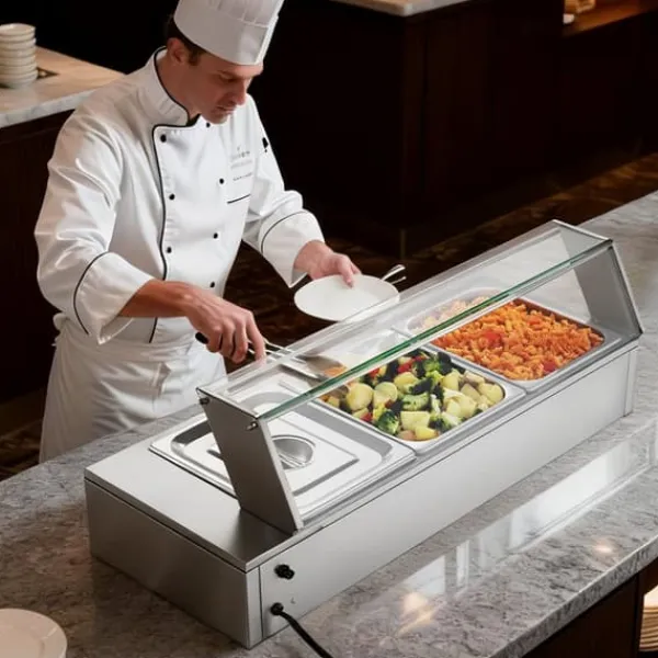 Professionel buffetvarmer - Elektrisk bain-marie - Bordmodel - 1500 W - 3 x GN 1/2 bakker - Glaslåg - Rustfrit stål