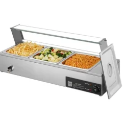 Professionel buffetvarmer - Elektrisk bain-marie - Bordmodel - 1500 W - 3 x GN 1/2 bakker - Glaslåg - Rustfrit stål
