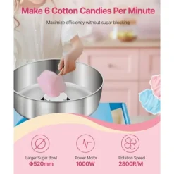 Professionel Candyflossmaskine med Vogn, Sukkertrådsmaskine, 1000W, Farve Blå New