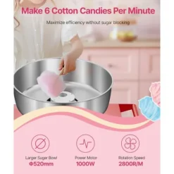 Maskiner Til Candyfloss>Professionel Candyflossmaskine, Sukkertrådsmaskine med Vogn, 1000W, Rød Farve