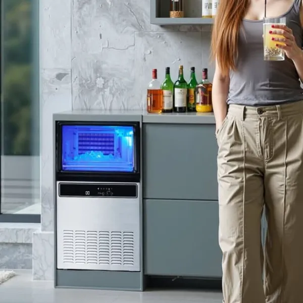 Isproducenter>Professionel isterningsmaskine - Underskabsmodel - 59 kg/døgn - 15 kg Opbevaring - 45 terninger/cyklus - LED-display - Selvrensende - Rustfrit stål