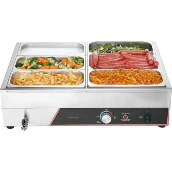 Professionel madvarmer - Elektrisk bain marie - 1500 W - Rustfrit stål - 6 beholdere med låg - Hurtig opvarmning - Bordmodel New