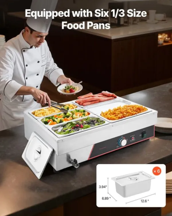 Professionel madvarmer - Elektrisk bain marie - 1500 W - Rustfrit stål - 6 beholdere med låg - Hurtig opvarmning - Bordmodel New