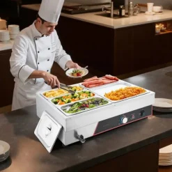 Professionel madvarmer - Elektrisk bain marie - 1500 W - Rustfrit stål - 6 beholdere med låg - Hurtig opvarmning - Bordmodel New