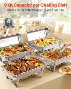 Rektangulære varmefade - 4-pak chafing dish - Stor 9,91 l pr. fad - Rustfrit stål - Komplet sæt med låg, brændstofholder og tænger - Buffetvarmer Sale