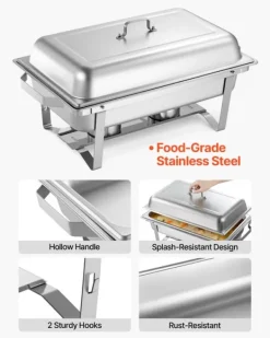 Rektangulære varmefade - 4-pak chafing dish - Stor 9,91 l pr. fad - Rustfrit stål - Komplet sæt med låg, brændstofholder og tænger - Buffetvarmer Sale