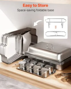 Rektangulære varmefade - 4-pak chafing dish - Stor 9,91 l pr. fad - Rustfrit stål - Komplet sæt med låg, brændstofholder og tænger - Buffetvarmer Sale
