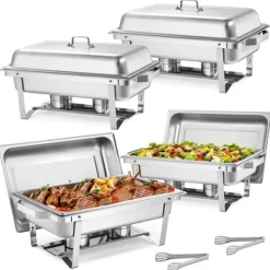 Rektangulære varmefade - 4-pak chafing dish - Stor 9,91 l pr. fad - Rustfrit stål - Komplet sæt med låg, brændstofholder og tænger - Buffetvarmer Sale