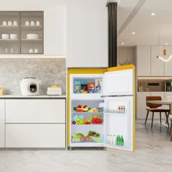 Retro Køleskab, Dobbeltdør, 72L køleskab, 21L fryser, 120 kWh/år, LED-lys, Flerfarvet, Energiklasse E Outlet
