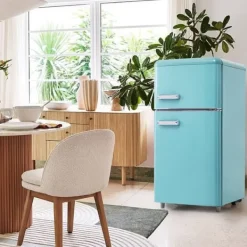 Retro Køleskab, Dobbeltdør, 72L køleskab, 21L fryser, 120 kWh/år, LED-lys, Flerfarvet, Energiklasse E Discount