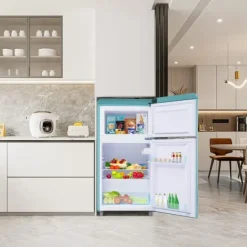 Retro Køleskab, Dobbeltdør, 72L køleskab, 21L fryser, 120 kWh/år, LED-lys, Flerfarvet, Energiklasse E Discount