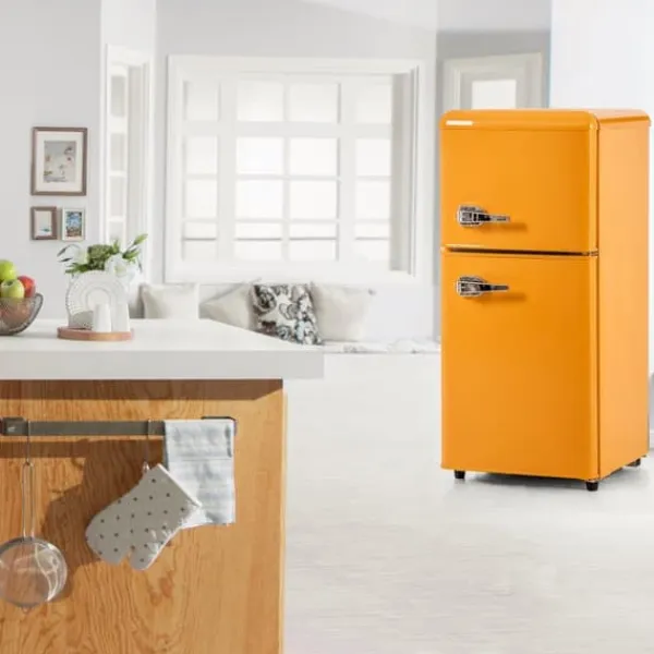 Kombineret Køle- & Fryseskab>Retro-køleskab, Gefr. Kombi, 86,8 cm, 60L, 22L fryser, 102 kWh/år, Gul, Energiklasse E