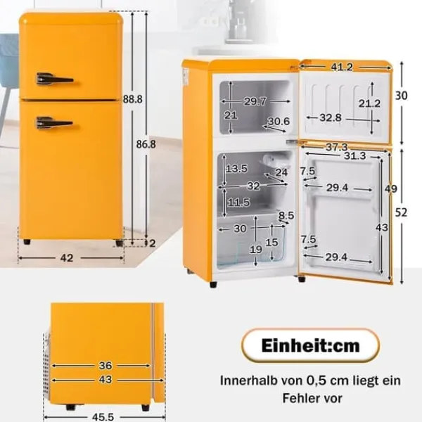Kombineret Køle- & Fryseskab>Retro-køleskab, Gefr. Kombi, 86,8 cm, 60L, 22L fryser, 102 kWh/år, Gul, Energiklasse E
