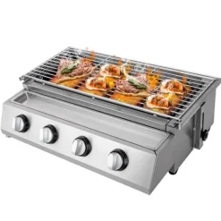Bord-Gasgrill>Røgfri gasgrill, bordmodel med 4 brændere i rustfrit stål, LPG/propan, bærbar til udendørs/camping, lys sølv