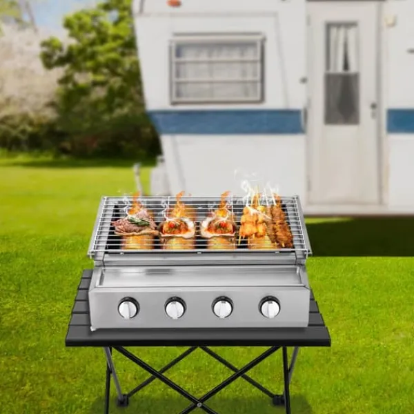 Bord-Gasgrill>Røgfri gasgrill, bordmodel med 4 brændere i rustfrit stål, LPG/propan, bærbar til udendørs/camping, lys sølv