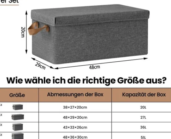 Rootz 6 -stykke opbevaringsboks sæt - Organisering af skraldespande - Foldede containere - Nem transporthåndtag - Grå - 27L - 48x29x20cm New