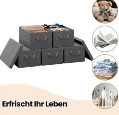 Rootz 6 -stykke opbevaringsboks sæt - Organisering af skraldespande - Foldede containere - Nem transporthåndtag - Grå - 27L - 48x29x20cm New