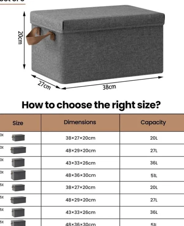 Rootz 3-delt opbevaringsboks med låg - Stofbeholdere - Sammenklappeligt design - Åndbart materiale - 20L/27L/36L/51L - Multifunktionel - 1x 20L, 1x 27 | CDON Discount