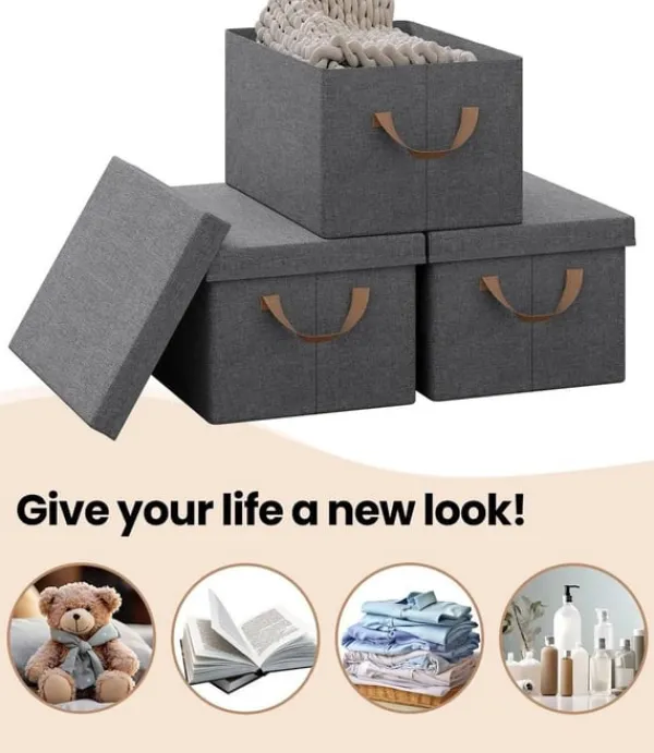 Rootz 3-delt opbevaringsboks med låg - Stofbeholdere - Sammenklappeligt design - Åndbart materiale - 20L/27L/36L/51L - Multifunktionel - 1x 20L, 1x 27 | CDON Discount