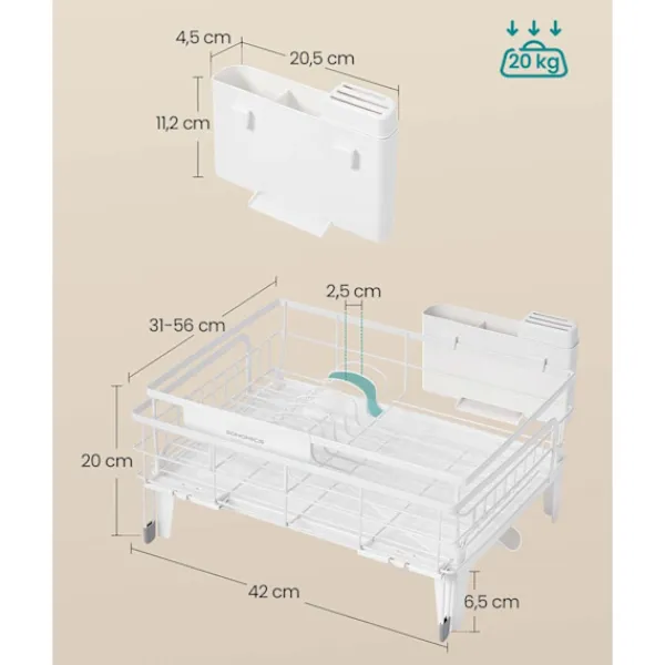 Opvaskestativer & Tørrestativer>Rootz dryp ramme - Tørringsstativ - Rumbesparende - Steel & PP Plastik - Hvid - 31-56 cm x 42 cm x 20cm