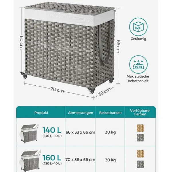 Vasketøjsudstyr>Rootz Grå vasketøjskurv - Tøjkurv - Opbevaringsbeholder - PP-plastik - Metalramme - Polyester-bomuldsblanding indvendig taske - 70 cm x 36 cm x 66 cm | CDON