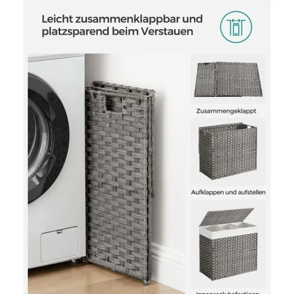 Vasketøjsudstyr>Rootz Grå vasketøjskurv - Tøjkurv - Opbevaringsbeholder - PP-plastik - Metalramme - Polyester-bomuldsblanding indvendig taske - 70 cm x 36 cm x 66 cm | CDON