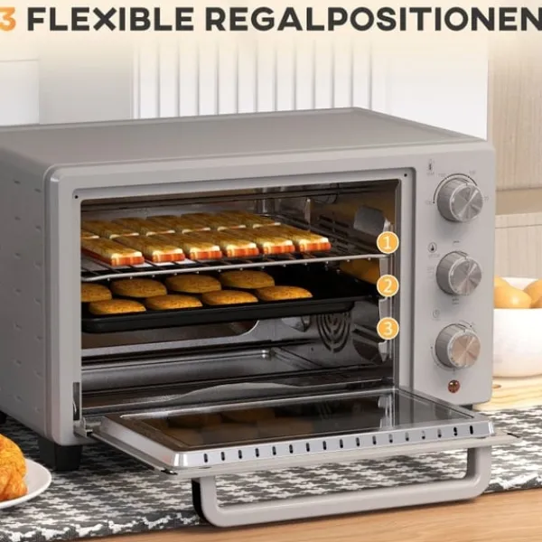 Ovne>Rootz Mini Ovn - Brødrister - Brødovn - 21L Kapacitet - Justerbar temperatur - 3 tilberedningstilstande - Rustfrit stål - 46 cm x 38,5 cm x 29 cm
