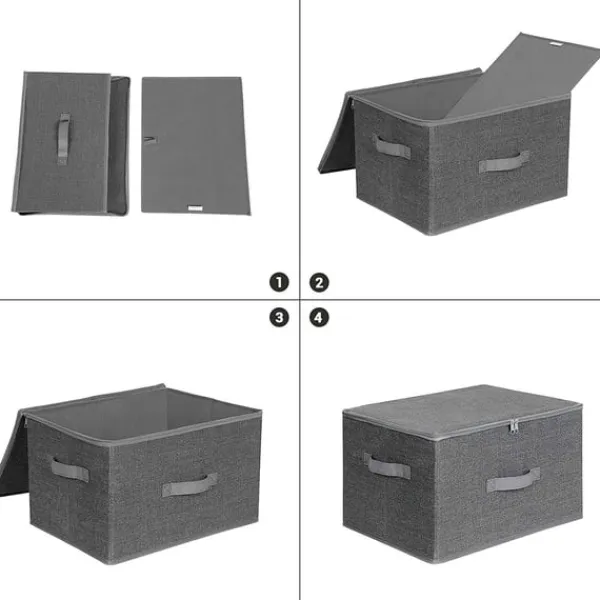 Rootz Opbevaringsbokse - Sæt med 3 - Låg - Sammenfoldelig - Stof - Håndtag - Grå - 40 x 30 x 25 cm Discount